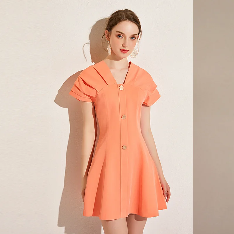 2021 Spring And Summer European And American New High-end Fashion Orange V-neck Piled Sleeves Temperament Slim Casual Dress, Shown 
2021 Spring And Summer European And American New High-end Fashion Orange V-neck Piled Sleeves Temperament Slim Casual Dress, Shown