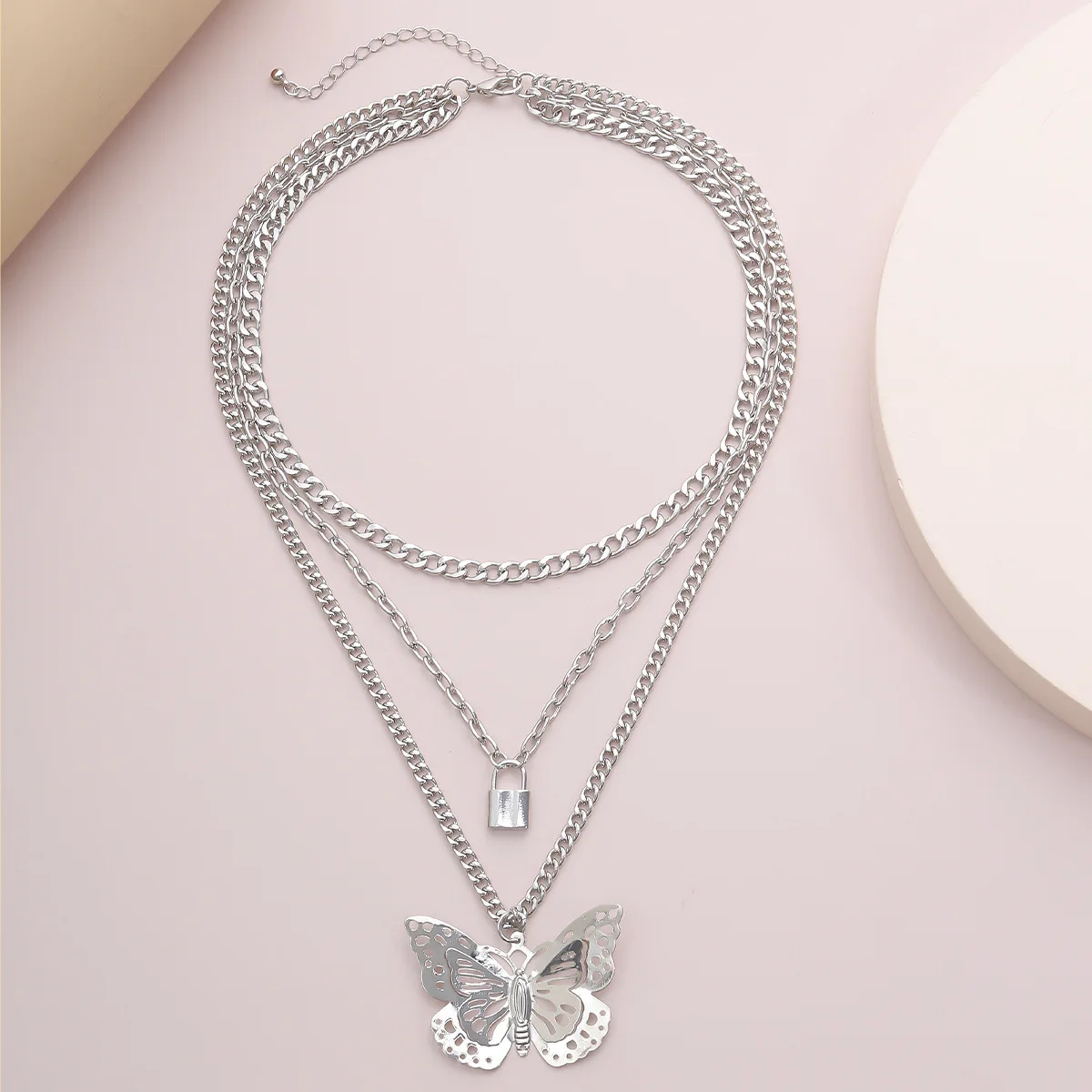 Punk Hips Hops Silver Plated Link Chain 3 Layer Lock Necklace Multilayer Hollow Butterfly Pendant Necklace For Women, Picture color
Punk Hips Hops Silver Plated Link Chain 3 Layer Lock Necklace Multilayer Hollow Butterfly Pendant Necklace For Women, Picture color