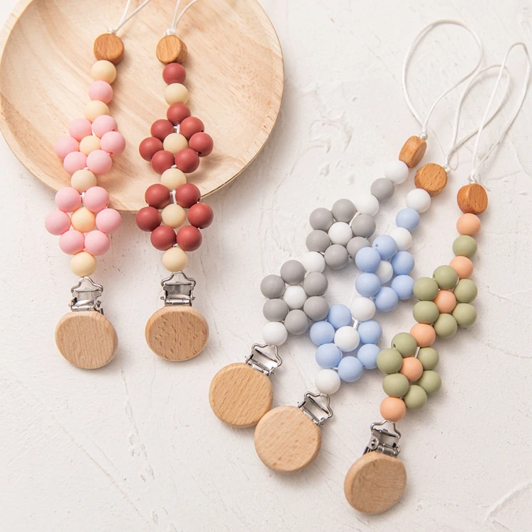Custom Wooden Pacifier Holder Baby Silicone Beads Flower Pacifier Clip Chain, 5 colors
Custom Wooden Pacifier Holder Baby Silicone Beads Flower Pacifier Clip Chain, 5 colors