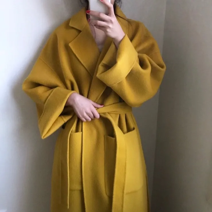 Women yellow Elegant Winter wool Overcoat Long Bandage Woolen Coat Cardigan Loose Plus Size outwear with pocket turn down collar
Women yellow Elegant Winter wool Overcoat Long Bandage Woolen Coat Cardigan Loose Plus Size outwear with pocket turn down collar
