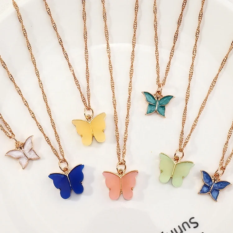 Simple versatile acrylic color small butterfly pendant golden chain necklace for women, Multicolor
Simple versatile acrylic color small butterfly pendant golden chain necklace for women, Multicolor