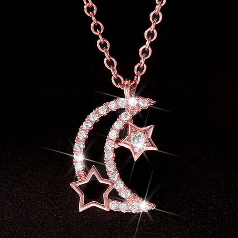 Luxury Creative Rose Gold Star Moon Pendant Necklaces For Women Shine White CZ Stone Inlay Fashion Jewelry Daily Wear Party Gift, Picture shows 
Luxury Creative Rose Gold Star Moon Pendant Necklaces For Women Shine White CZ Stone Inlay Fashion Jewelry Daily Wear Party Gift, Picture shows