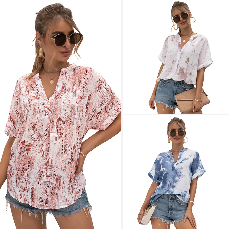 2021 Summer new products women's v-neck tie-dye printing casual t-shirt chiffon shirt, Customized color
2021 Summer new products women's v-neck tie-dye printing casual t-shirt chiffon shirt, Customized color