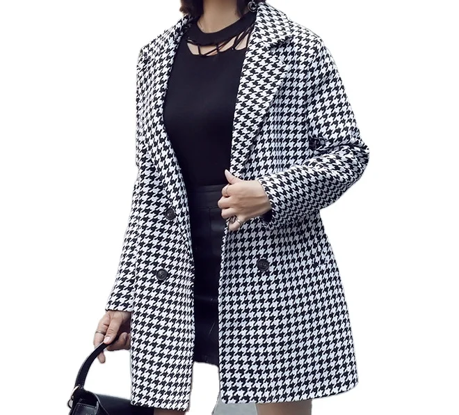 Houndstooth coat women's mid-length autumn and winter loose slim plaid thick Hepburn style coat 
Houndstooth coat women's mid-length autumn and winter loose slim plaid thick Hepburn style coat