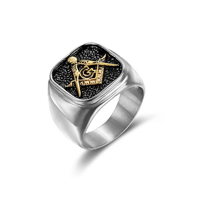 

Top Quality Mens Silver Ag Ring Stainless Steel Signet Style Masonic Freemason Ring