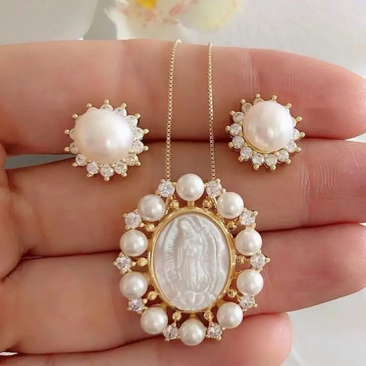 LS-E891 Virgin Mary cz pearl necklace earring jewelry set cz flower shape gold plated pendant necklace jewelry pearl set
LS-E891 Virgin Mary cz pearl necklace earring jewelry set cz flower shape gold plated pendant necklace jewelry pearl set