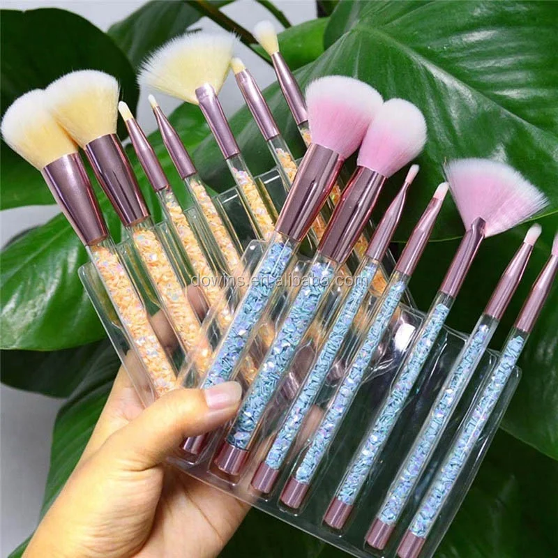 wholesale custom logo 7 pcs bling transparent rainbow DIY diamond crystal rhinestone makeup brush set with glitter pvc bag 