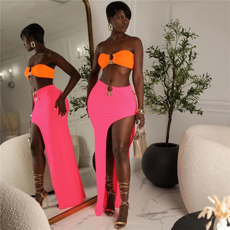Hot Selling Outfits Tube Top And High Slit Maxi Skirt Two Piece Set For Women, 2 colors
Hot Selling Outfits Tube Top And High Slit Maxi Skirt Two Piece Set For Women, 2 colors