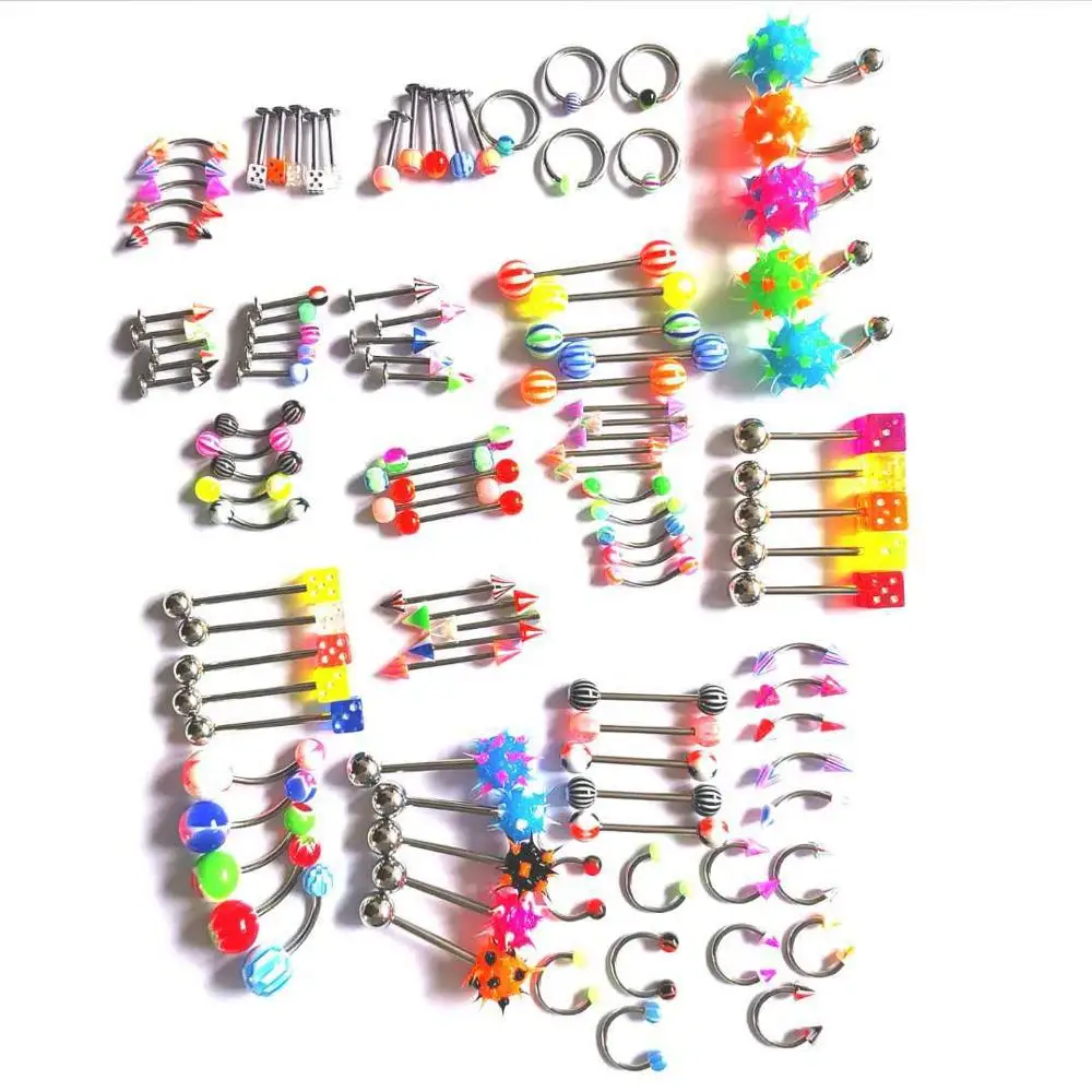 

VRIUA 105Pcs/Set Mix Acrylic Stainless Steel Eyebrow Navel Belly Lip Tongue Ring Nose Bar Rings Body Piercing Jewelry, 1 colors