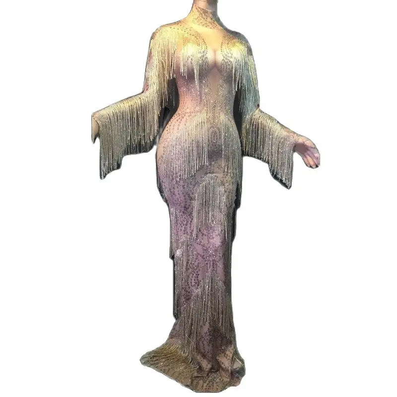 Fashion Women Costumes Sexy Gold Fringed Rhinestones Wedding Party Dress Dance Stage Wear Bodycon Tassel Evening Prom Dresses
Fashion Women Costumes Sexy Gold Fringed Rhinestones Wedding Party Dress Dance Stage Wear Bodycon Tassel Evening Prom Dresses