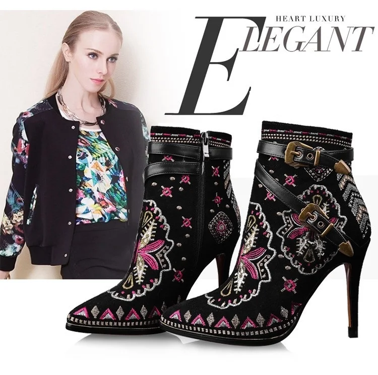 National new stiletto heel embroidered flower belt buckle cow leather pointed toe female short boots large size high heels, Picture
National new stiletto heel embroidered flower belt buckle cow leather pointed toe female short boots large size high heels, Picture