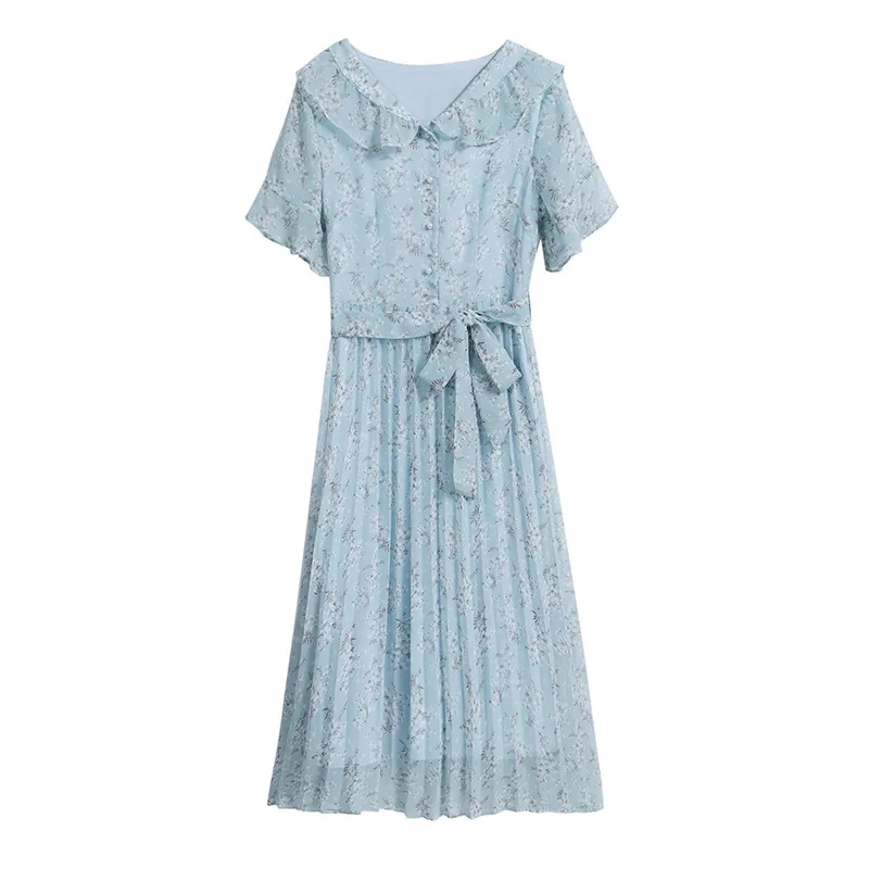 Women's Ruffle Neck Chiffon Floral Print Short Sleeve Belt Waist Elegant Dress, 1 color
Women's Ruffle Neck Chiffon Floral Print Short Sleeve Belt Waist Elegant Dress, 1 color