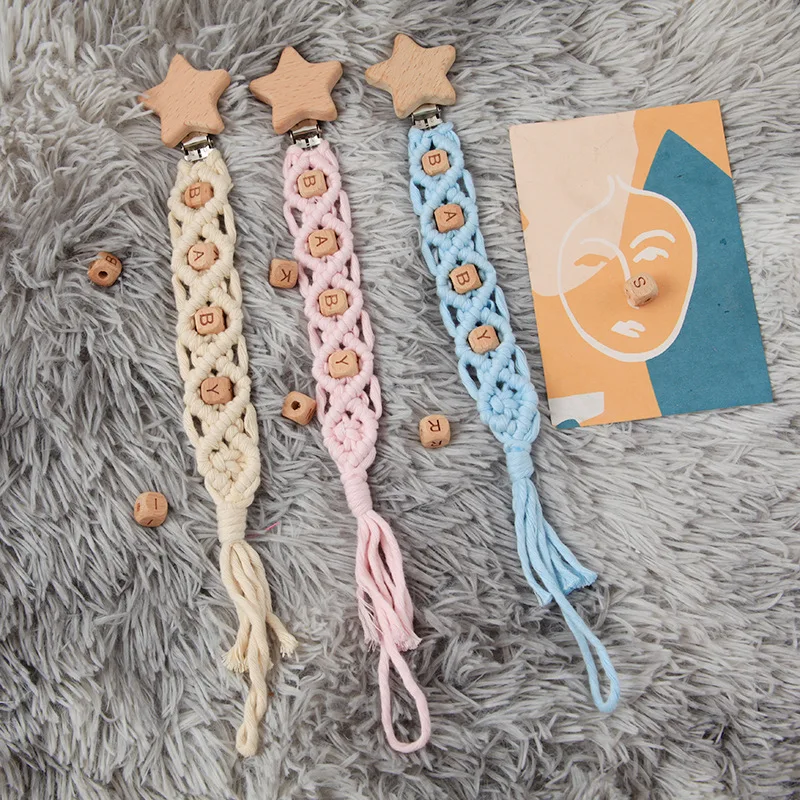 New Handmade Knit Macrame Baby Dummy Clip Color Cotton Rope Woven Pacifier Clip With Wooden Letter Beads
New Handmade Knit Macrame Baby Dummy Clip Color Cotton Rope Woven Pacifier Clip With Wooden Letter Beads