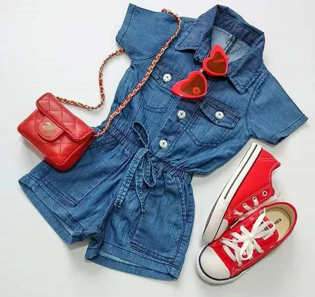 2022 RTS New Korean style summer short-sleeved lapel high waist one-piece jeans jumpsuit for children and girls, Picture
2022 RTS New Korean style summer short-sleeved lapel high waist one-piece jeans jumpsuit for children and girls, Picture