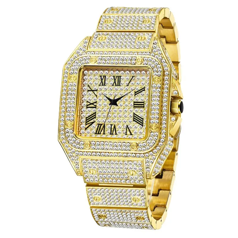 

Miss Fox Gold High End Iced Out Hip Hop Watch Diamond Square Mens Fashion Quartz Wrist Watches Wholesale