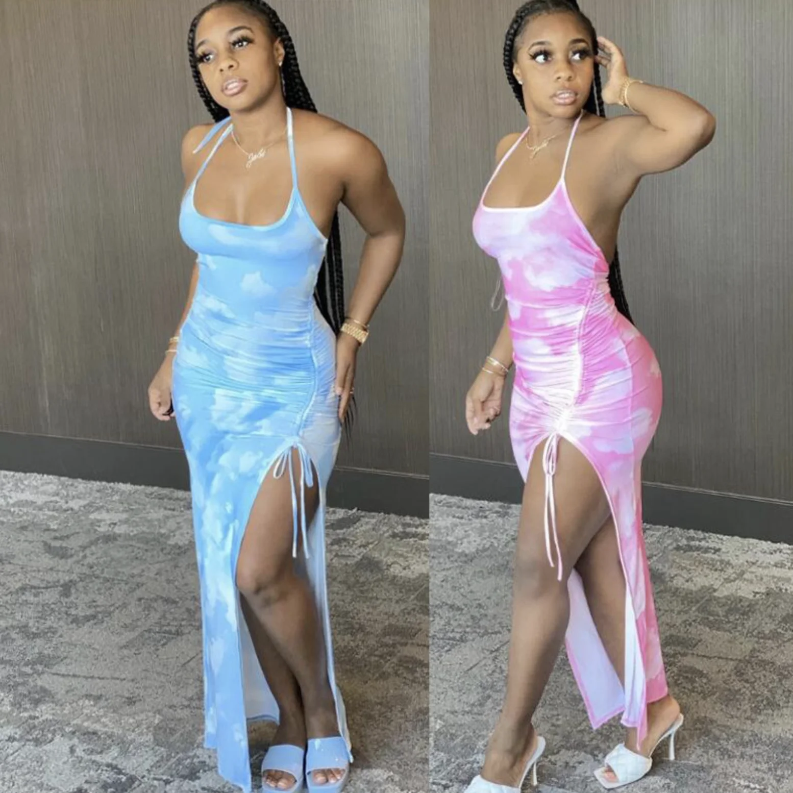 Summer Sexy Club Tie Dye Spaghetti Strap Dress Long Slim Bodycon Drawstring Slip Slit Dress For Women, Light blue, pink
Summer Sexy Club Tie Dye Spaghetti Strap Dress Long Slim Bodycon Drawstring Slip Slit Dress For Women, Light blue, pink