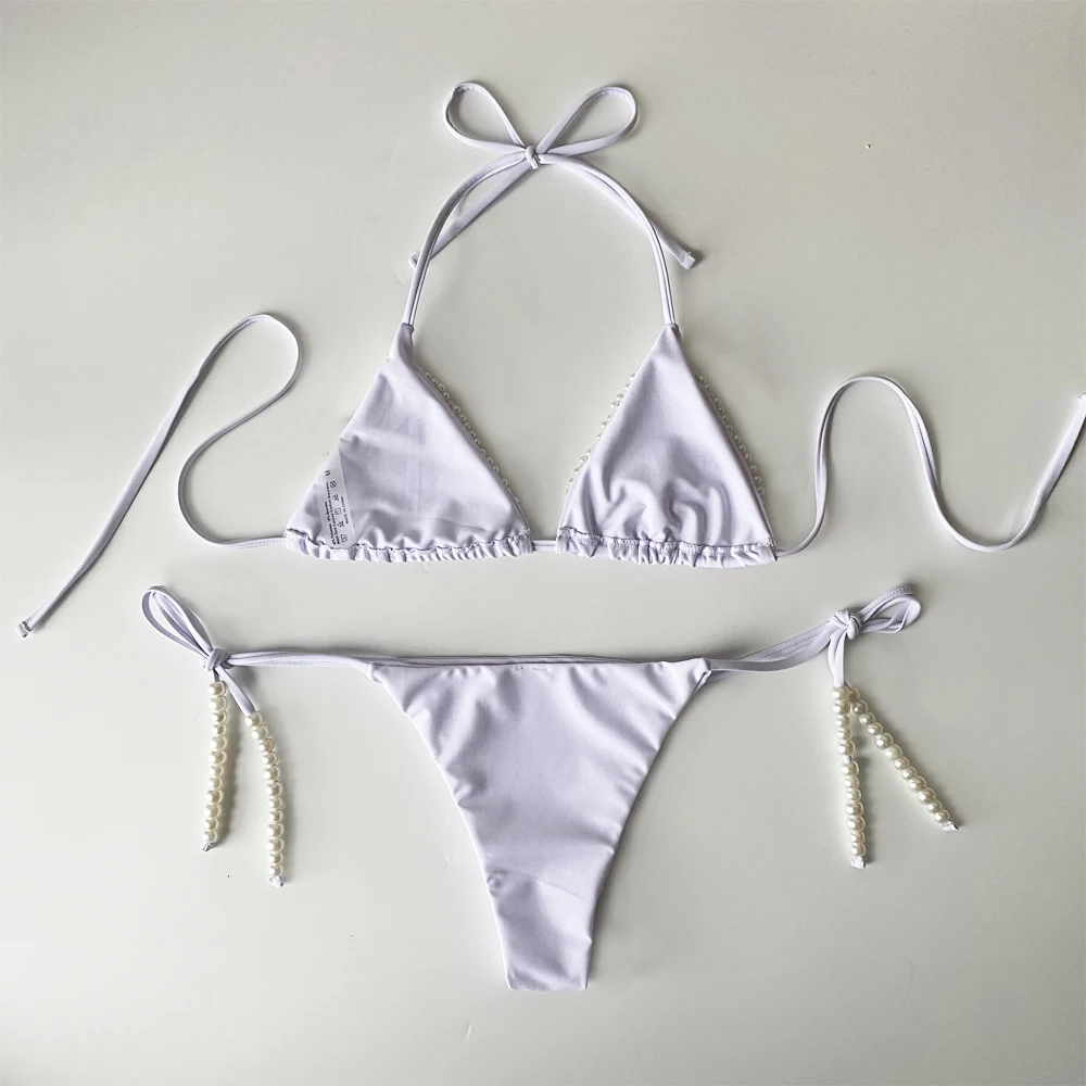 Sexy Women White Bikini With Pearl Sexy Swimsuit Bandage Sling Two