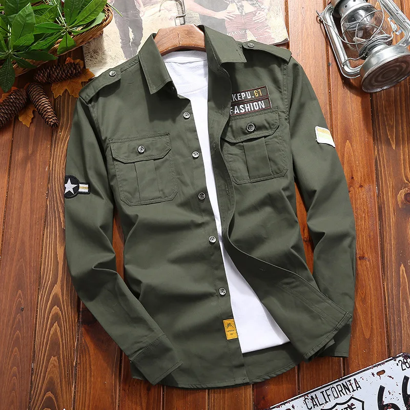 

Military uniform long sleeve shirt men's casual shirt military style outdoor tooling large size, Dark blue, army green, khaki