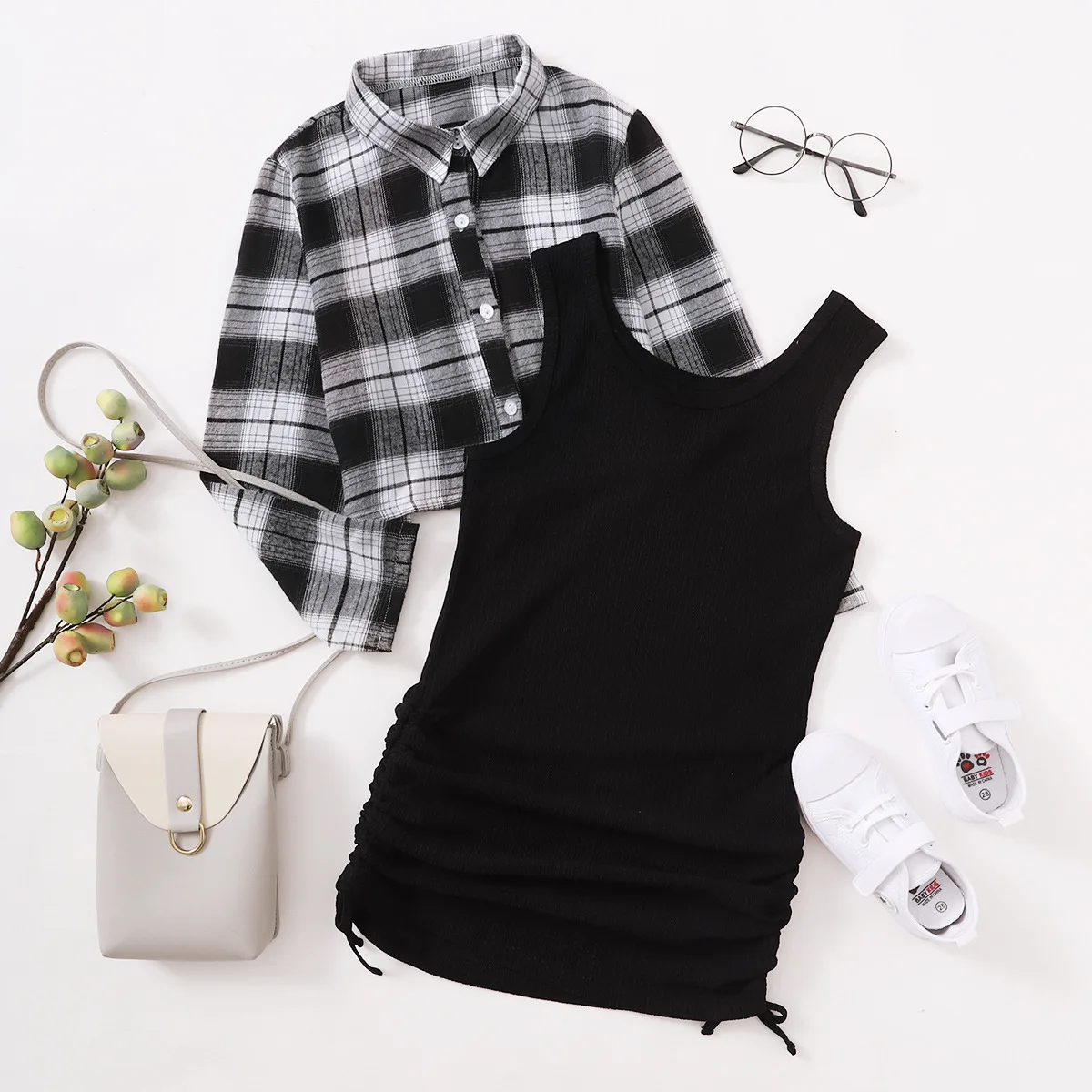 2021 New Spring Fashion Kid Girl Black white Plaid Long Sleeved Shirt + Black Ruffle Tank dress 2pcs Outfit Set 2-6 Years, As photos
2021 New Spring Fashion Kid Girl Black white Plaid Long Sleeved Shirt + Black Ruffle Tank dress 2pcs Outfit Set 2-6 Years, As photos
