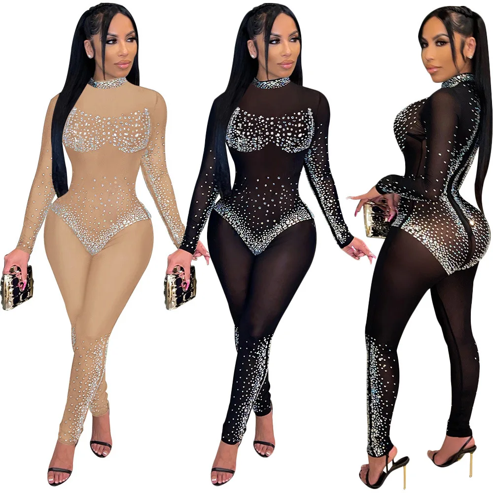 S390218 2021 Fall Women's Fashion Sexy Mesh Perspective Hot Rhinestone Pants Long Sleeve Jumpsuit, Black
S390218 2021 Fall Women's Fashion Sexy Mesh Perspective Hot Rhinestone Pants Long Sleeve Jumpsuit, Black