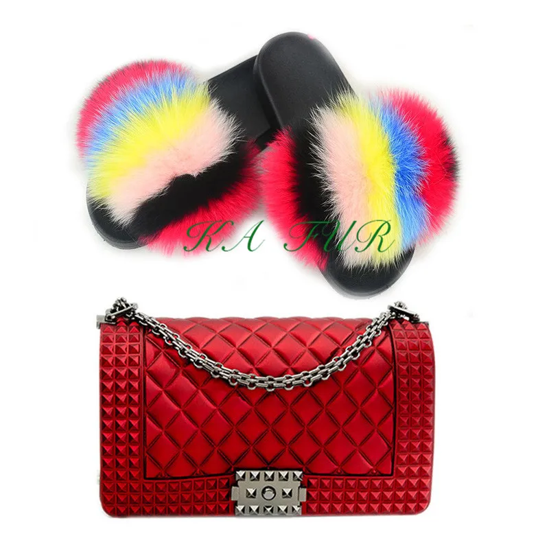 Wholesale Colorful Jelly Bags Real Fox Fur Slippers And Purses Sets 
Wholesale Colorful Jelly Bags Real Fox Fur Slippers And Purses Sets