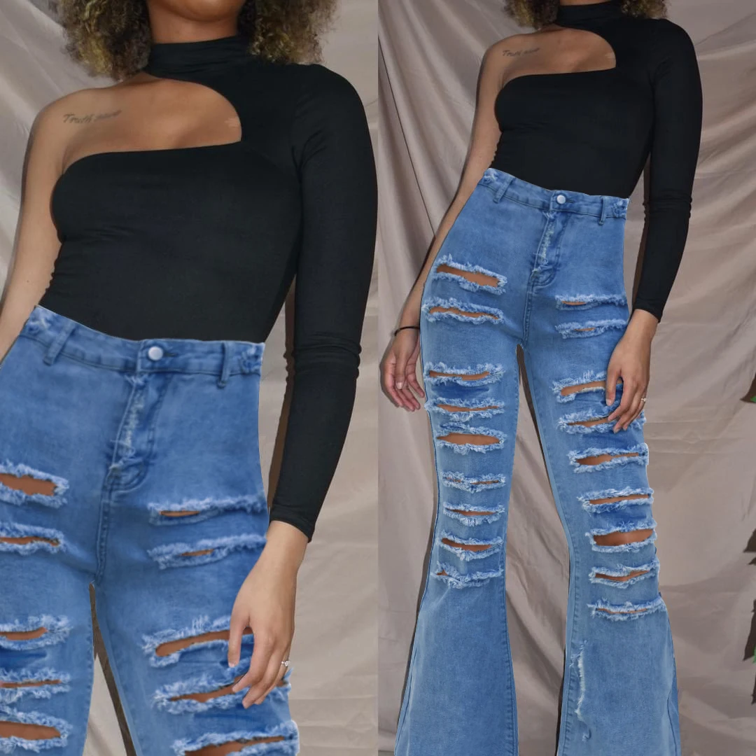 TOB Hot sale ladies jeans Hole in the street bell bottoms high waist denim pantalones Sexy wide leg jeans BK723, Customized color
TOB Hot sale ladies jeans Hole in the street bell bottoms high waist denim pantalones Sexy wide leg jeans BK723, Customized color
