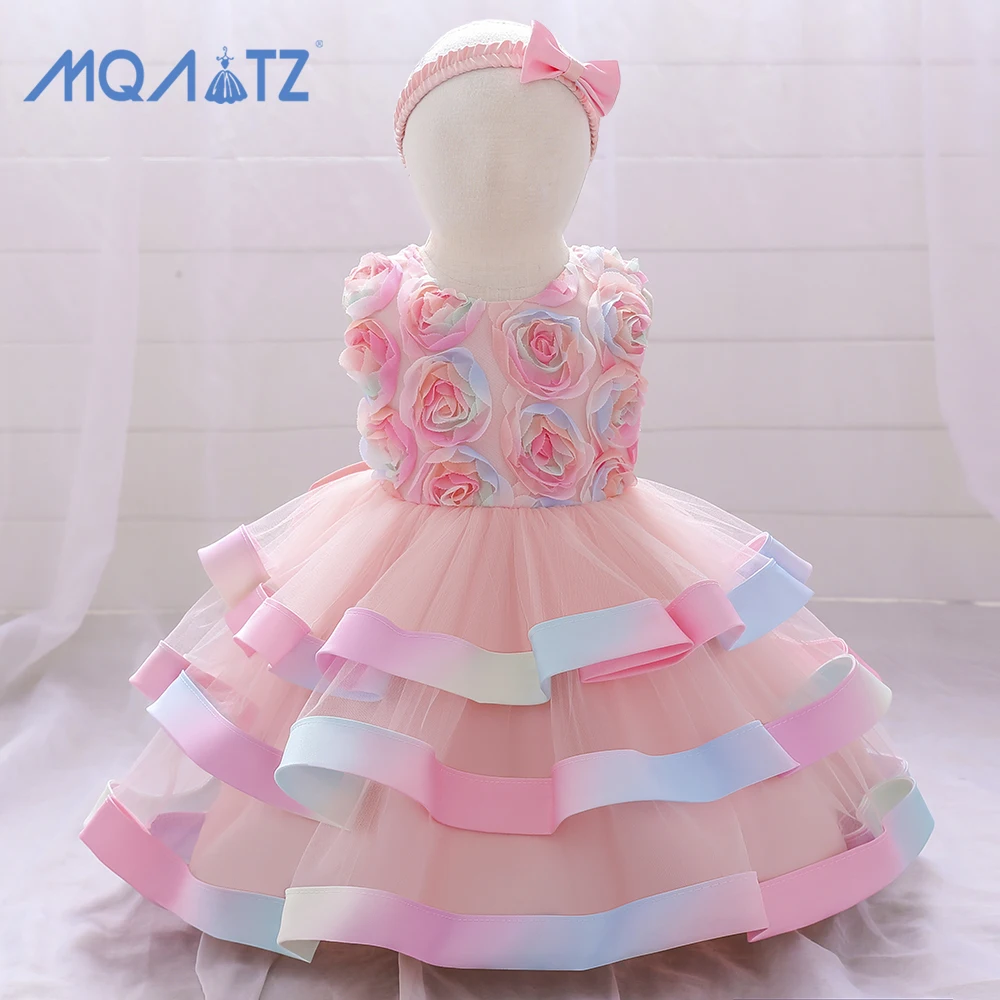 

MQATZ Latest Children Party dress Birthday Girl Princess Dress Pink Formal Flower cake Dresses with headband L1942XZ