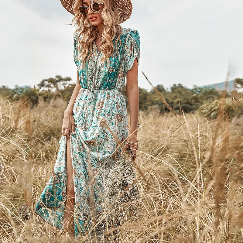 Enyami Hot Selling Summer Boho Style Printed Maxi Dress Casual Short Sleeve Vestido Beach Bohemian Dress, Picture color 
Enyami Hot Selling Summer Boho Style Printed Maxi Dress Casual Short Sleeve Vestido Beach Bohemian Dress, Picture color