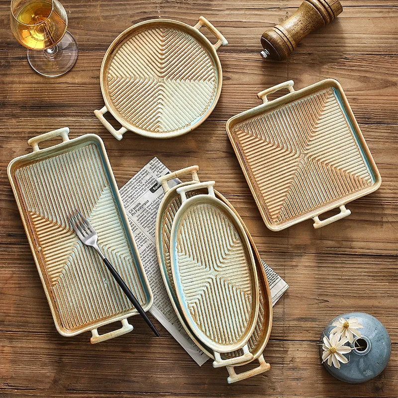 Chinese Baking microwave oven baking tray ceramic tableware cheese steak binaural western food tray baking tray, Brown
Chinese Baking microwave oven baking tray ceramic tableware cheese steak binaural western food tray baking tray, Brown