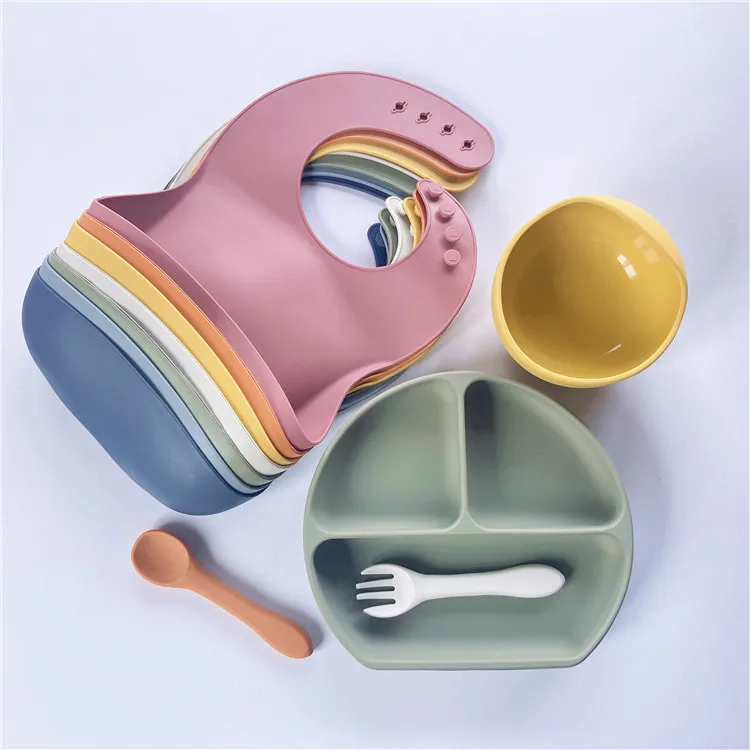 Food Grade 100% Silicone Adjustable Baby Bib Suction Plate And Bowl Soft Spoon And Fork For Kids
Food Grade 100% Silicone Adjustable Baby Bib Suction Plate And Bowl Soft Spoon And Fork For Kids