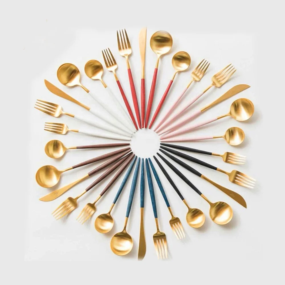 Factory direct portuguese style cutlery set matte gold white black pink red handle restaurant silverware, Golden
Factory direct portuguese style cutlery set matte gold white black pink red handle restaurant silverware, Golden