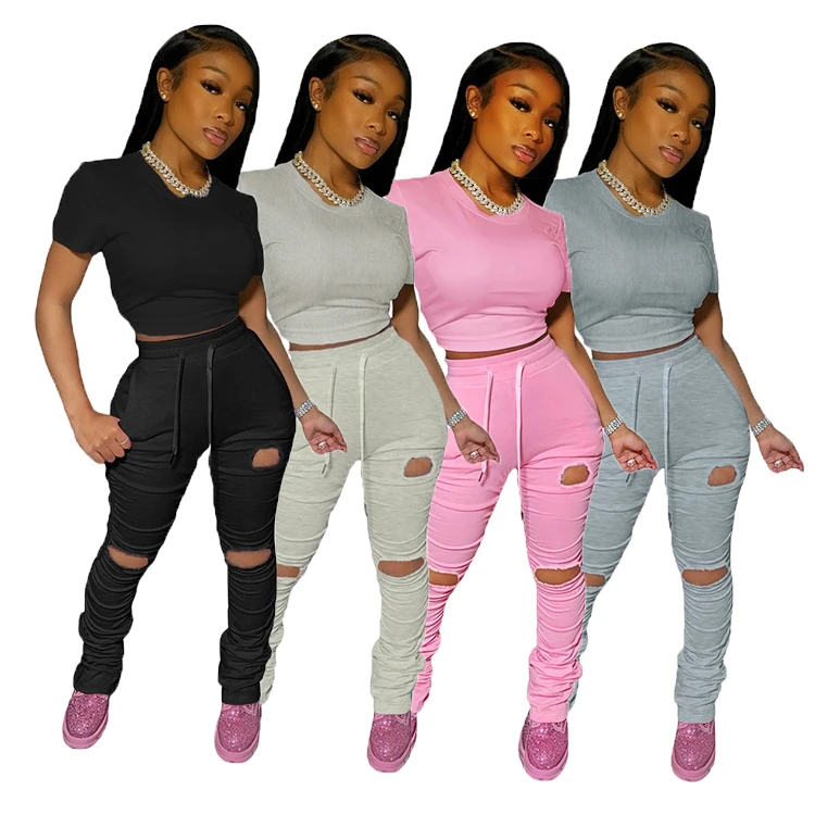 Best Selling Solid Color Crop Top Pleated Stacked Pants Sets Women Two Piece Ripped Hole Casual 2 Piece Sets, As picture or customized
Best Selling Solid Color Crop Top Pleated Stacked Pants Sets Women Two Piece Ripped Hole Casual 2 Piece Sets, As picture or customized