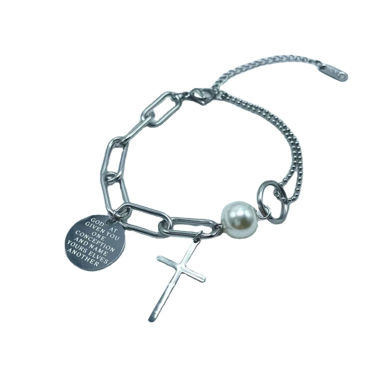 European and American Cross pearl titanium steel women's hip hop Style Bracelet
European and American Cross pearl titanium steel women's hip hop Style Bracelet