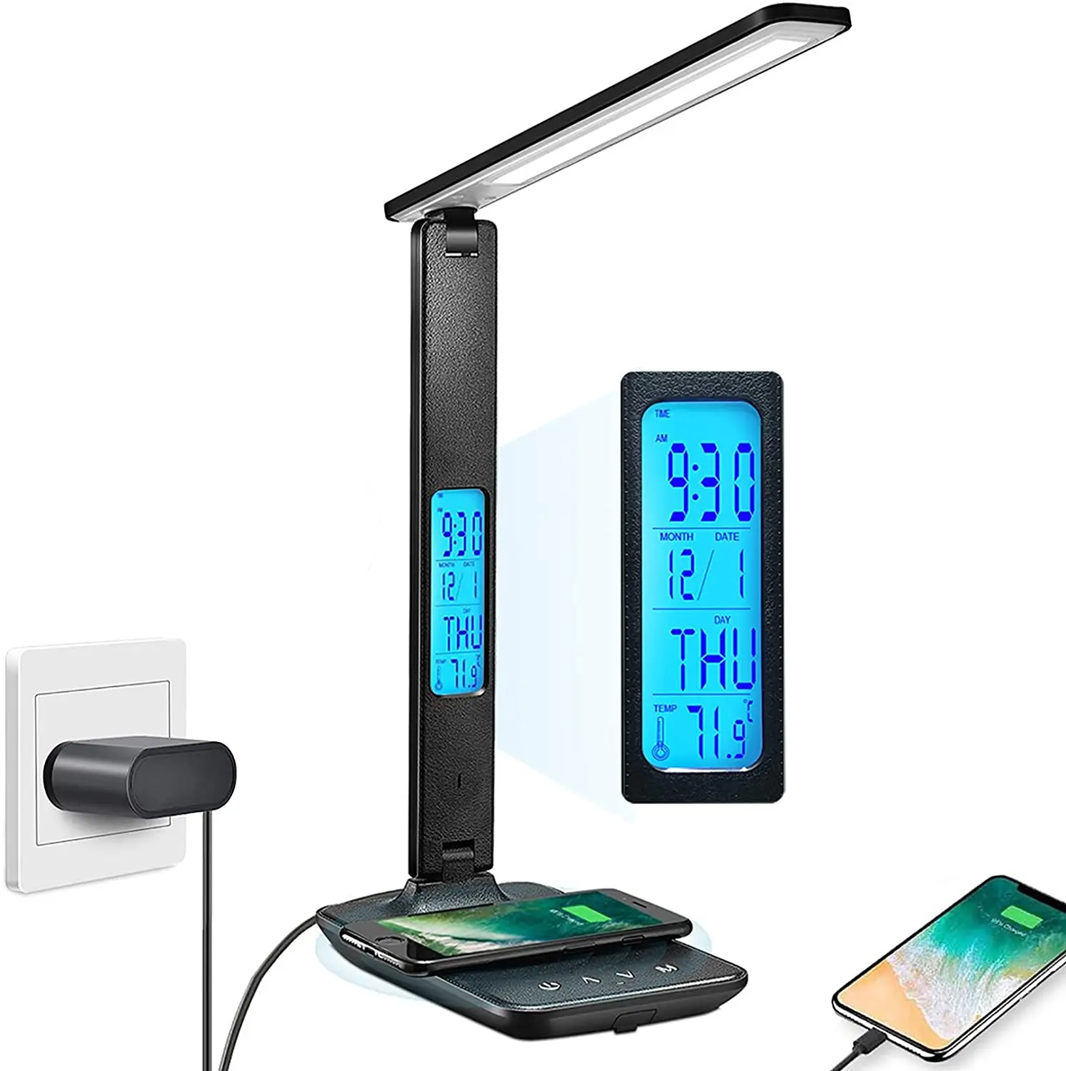 New Arrivals Wireless Charger LED Desk Lamp Light USB Charging Adjustable Foldable Table Lamp with Clock Alarm Date Temperature, Black/white
New Arrivals Wireless Charger LED Desk Lamp Light USB Charging Adjustable Foldable Table Lamp with Clock Alarm Date Temperature, Black/white