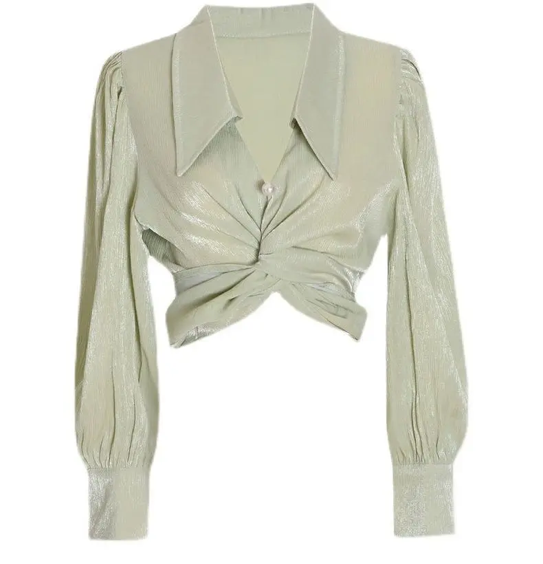 French big collar v neck gather puff sleeve pear button casual wrap knot sexy elegant crop top for women
French big collar v neck gather puff sleeve pear button casual wrap knot sexy elegant crop top for women
