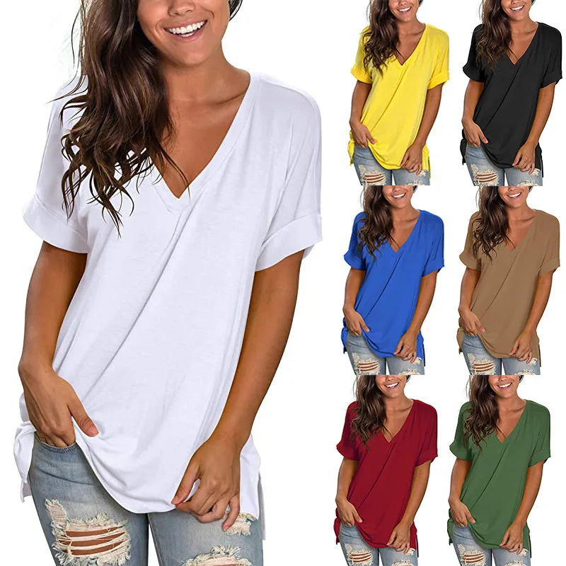 Womens V-Neck T-Shirt Short Sleeve Roll Up Loose Soft Side Split Tee Tops, Customized color
Womens V-Neck T-Shirt Short Sleeve Roll Up Loose Soft Side Split Tee Tops, Customized color