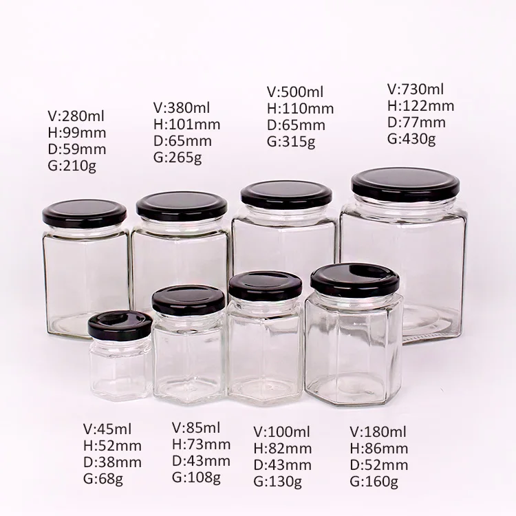 Wholesale Custom hexagonal glass jam jar food glass honey jar with screw cap