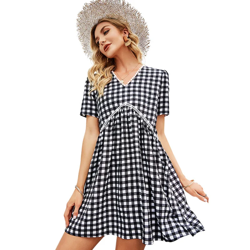 Women's 2021 summer new product fresh and sweet V-neck a-line black and white plaid dress
Women's 2021 summer new product fresh and sweet V-neck a-line black and white plaid dress