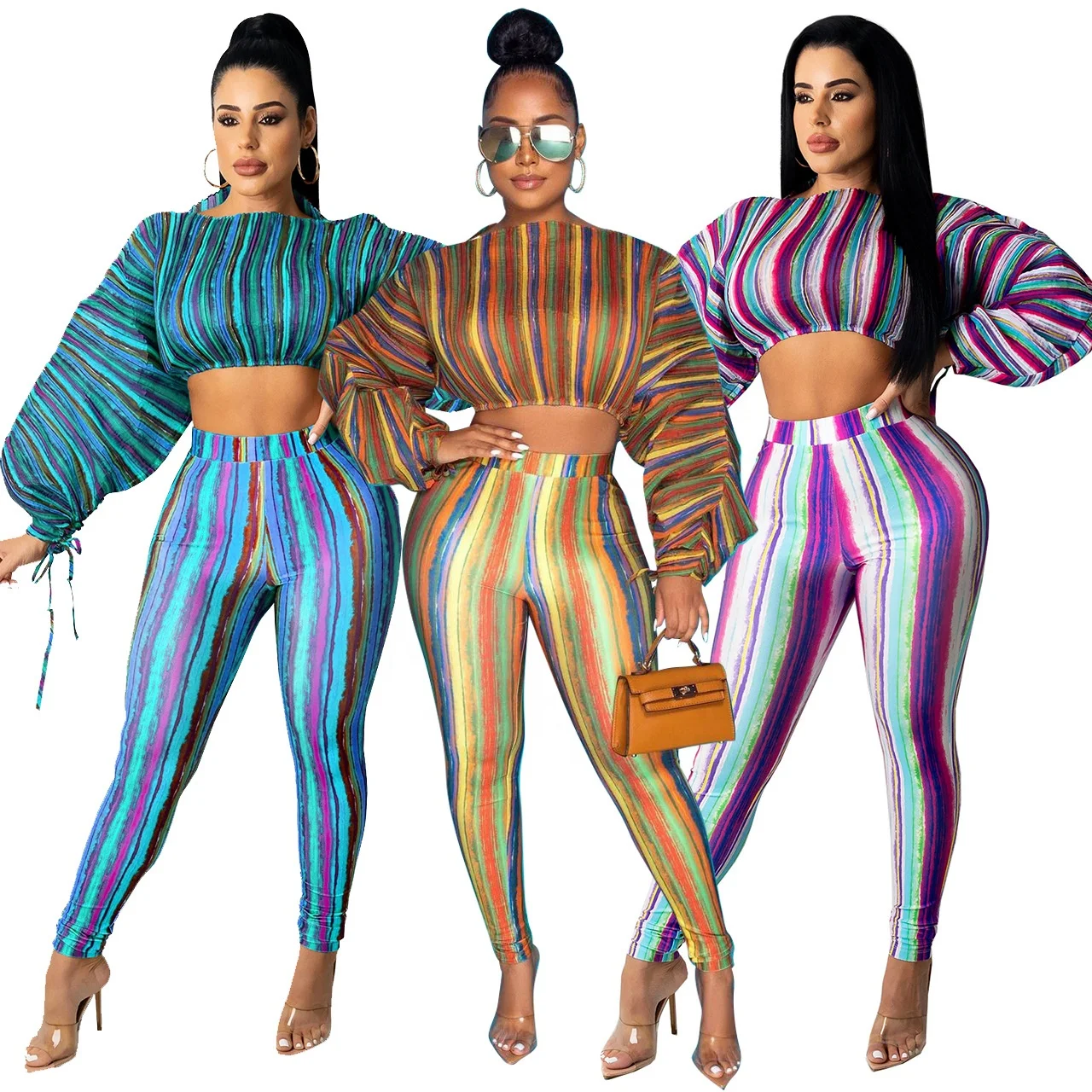 Hot Stripe Print Luxury Long Sleeve Short Top and Long Pants Casual Two Piece Set, Shown
Hot Stripe Print Luxury Long Sleeve Short Top and Long Pants Casual Two Piece Set, Shown