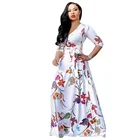 New design fashion women 3/4 sleeve v neck floral printed maxi dress 2019