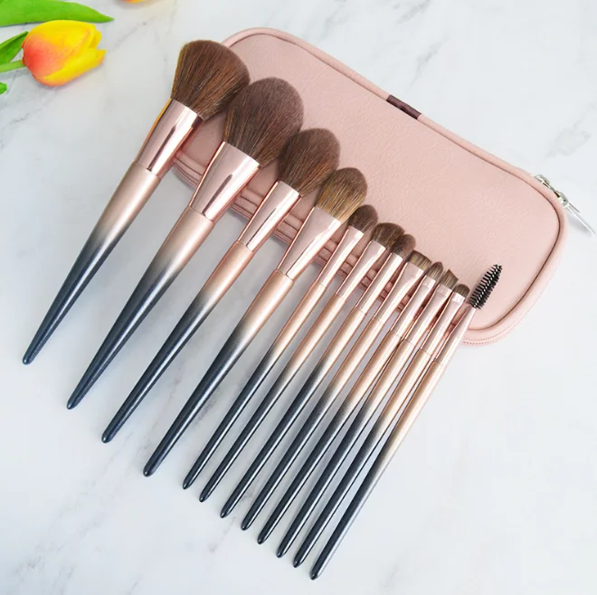 

12pcs ombre pearl paint Premium Cosmetic Makeup Brush Set for Foundation Blending Blush Concealer Eye Shadow with PU bag, As pics