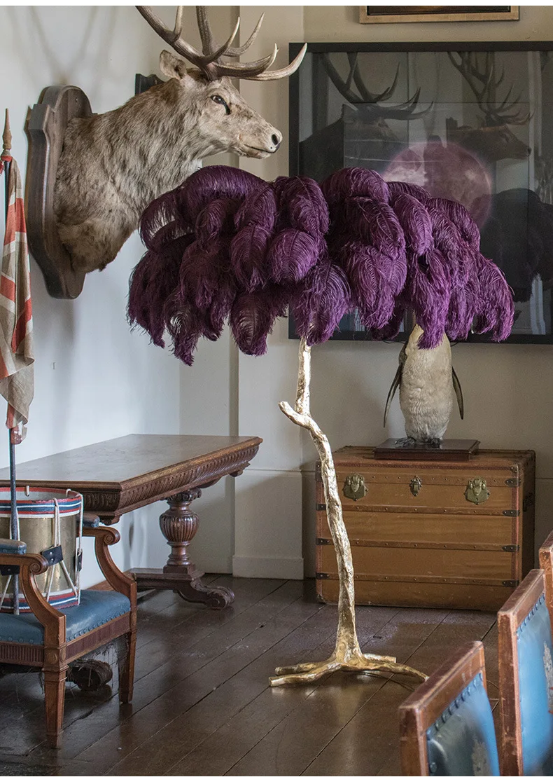 Nordic light luxury copper feather floor lamp hotel Ins wind web home decor ostrich feather lamp
