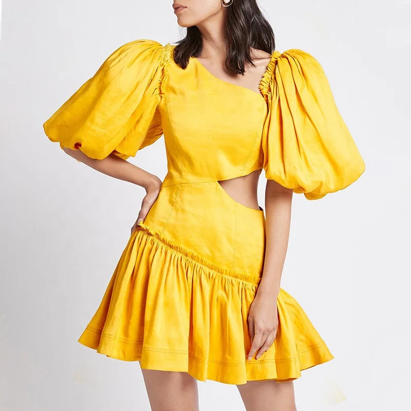 2021 Trendy Womens Short Puff Sleeve Dress Folds Slanting Shoulders Hollow High Waist Women Summer Dresses, Yellow/white
2021 Trendy Womens Short Puff Sleeve Dress Folds Slanting Shoulders Hollow High Waist Women Summer Dresses, Yellow/white