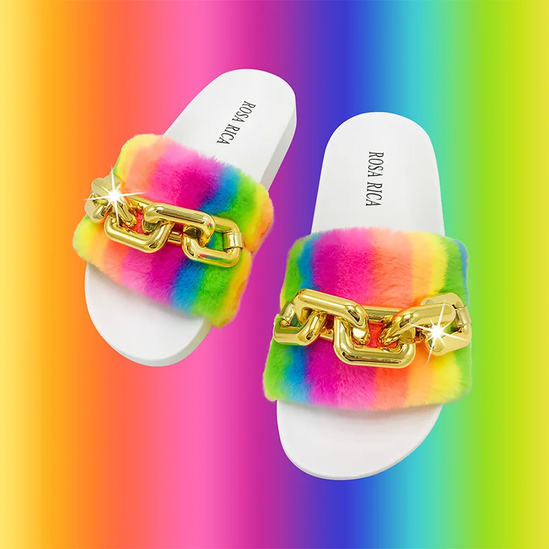 Hot selling 2021 summer fashion rainbow fur slipper chain flat sandals women slippers, Black 
Hot selling 2021 summer fashion rainbow fur slipper chain flat sandals women slippers, Black