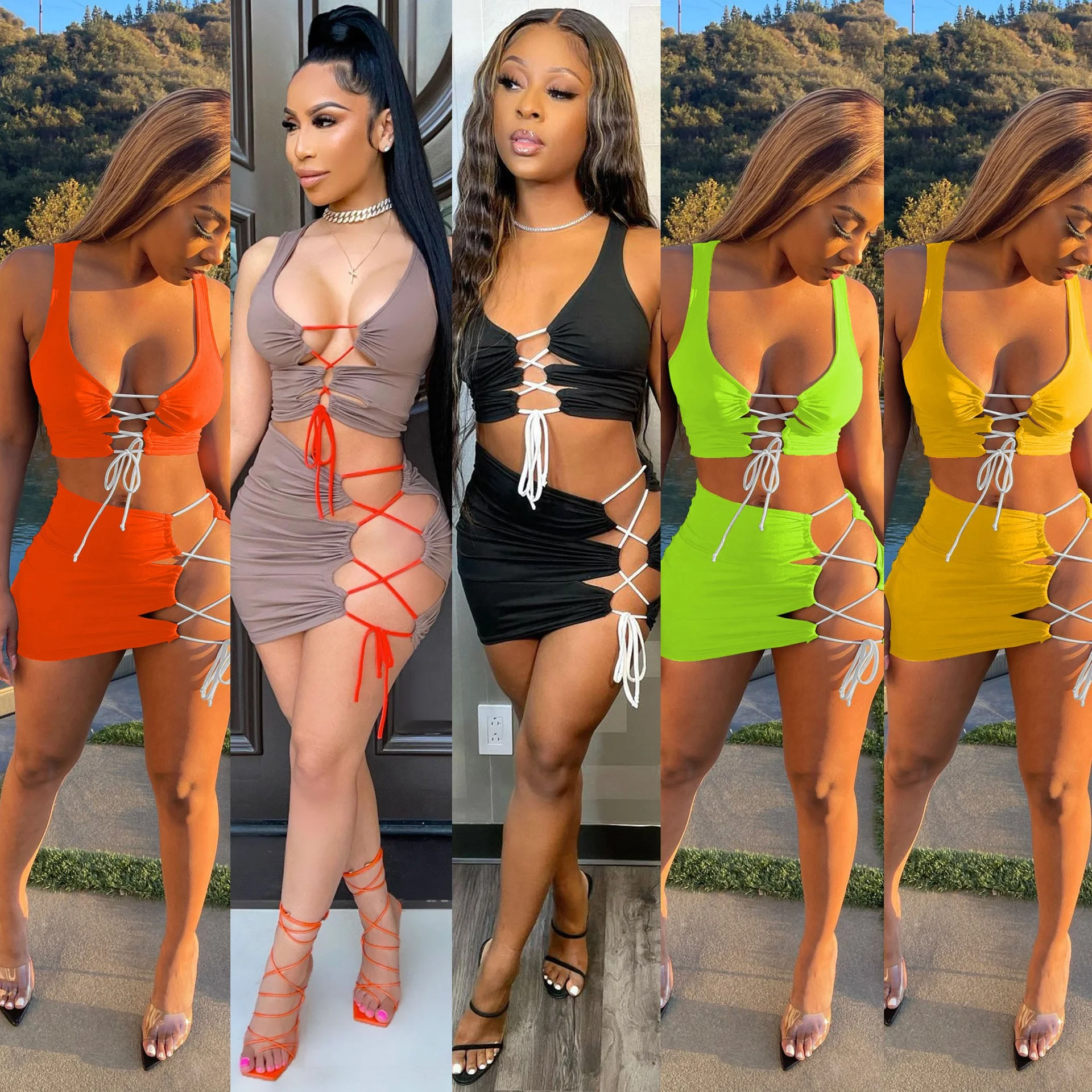 QC-CY1329 2021 hot sale sexy women bandage holllow out show waist sleeveless women two piece set, Customized color
QC-CY1329 2021 hot sale sexy women bandage holllow out show waist sleeveless women two piece set, Customized color