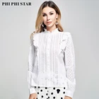 Fashion Work tops Single-Breasted Elegant lace cotton shirt women office lady ruffle stand collar Eyelet blouse ladies