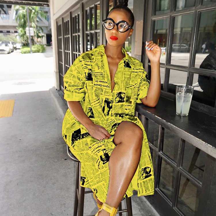 Fashion design single breasted newspaper print pointed collar long sleeve oversized ladies shirt dress, Customized color
Fashion design single breasted newspaper print pointed collar long sleeve oversized ladies shirt dress, Customized color