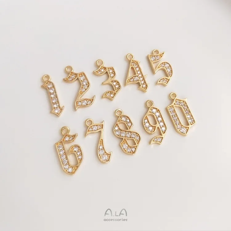 

14k Gold Diy 0-9 Arabic Numerals Pendant Accessory Pendant Inlaid Zircon Digital Handmade Jewelry Accessories Pendant