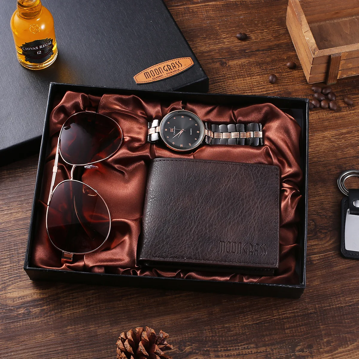 Men fashion gift sunglasses wallet pointer oem 3pcs set stainless steel quartz customized man watch
Men fashion gift sunglasses wallet pointer oem 3pcs set stainless steel quartz customized man watch