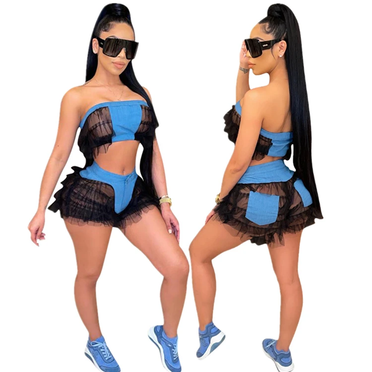 DUODUOCOLOR Summer new arrivals fashion sexy strapless tulle sets fashion patchwork two piece set ladies D97408 
DUODUOCOLOR Summer new arrivals fashion sexy strapless tulle sets fashion patchwork two piece set ladies D97408